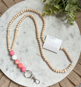 Pink love wooden bead lanyard