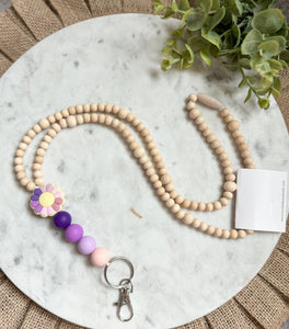 Purple flower wooden bead lanyard